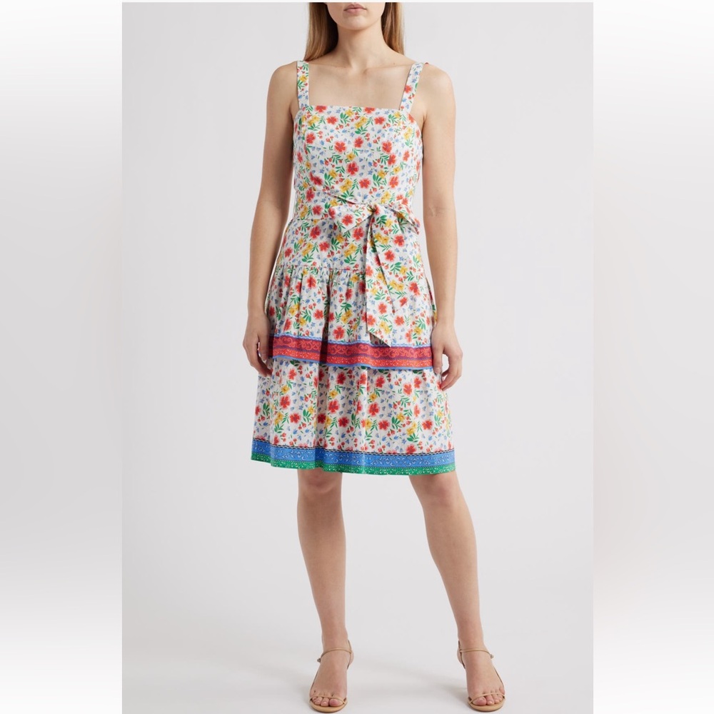 NWT Nordstrom Eliza J Poplin Square Neck Bow Tie Ruffle A-Line Dress Sz 14